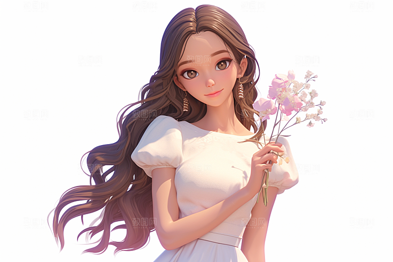 手捧鲜花的少女青春立体素材