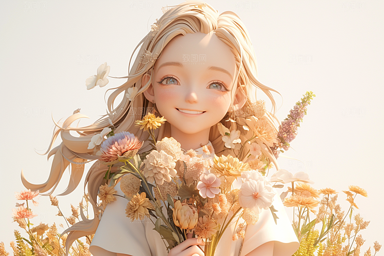 手捧鲜花的少女花朵烂漫素材