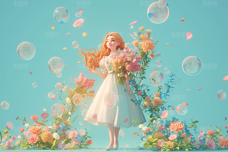 手捧鲜花的少女3D青春素材