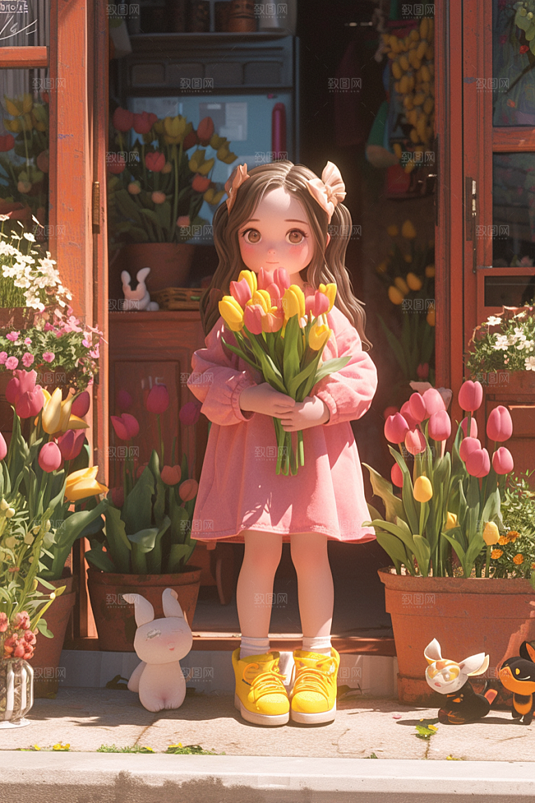 手捧鲜花的少女立体青春素材
