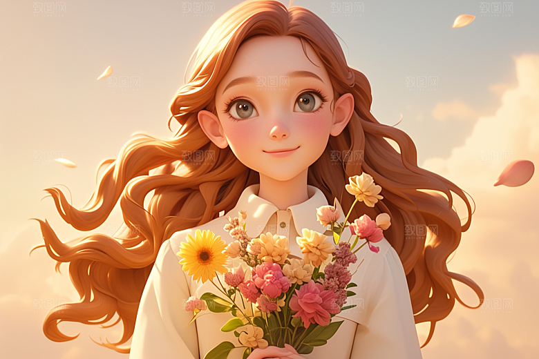 手捧鲜花的少女模型清新素材