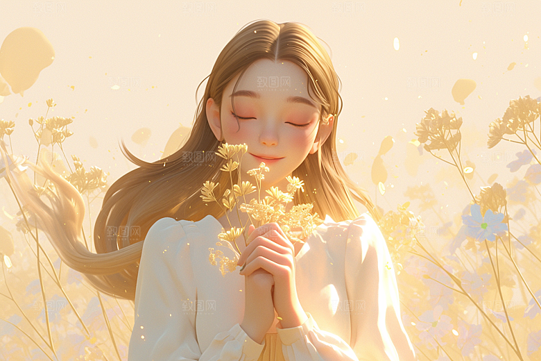 手捧鲜花的少女青春烂漫素材