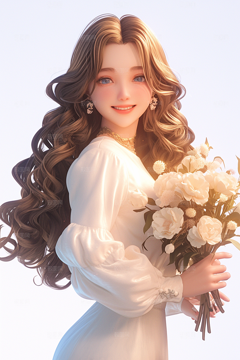 手捧鲜花的少女自然唯美素材