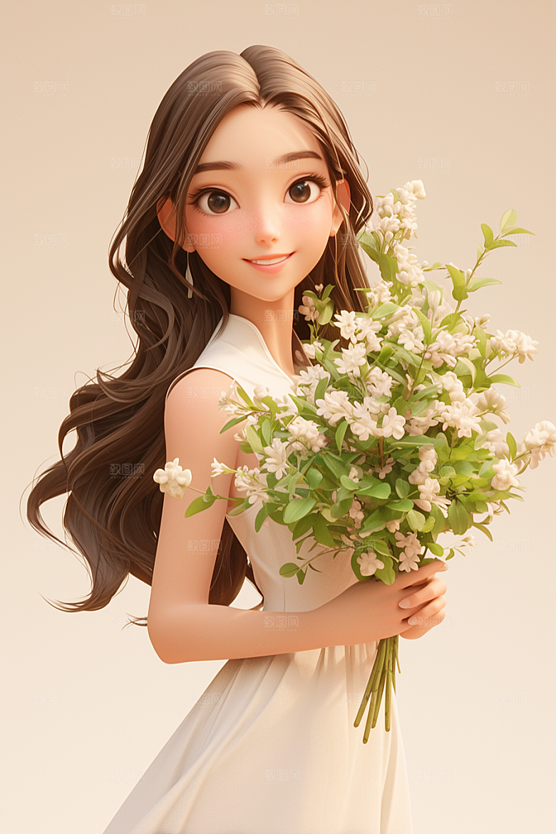 手捧鲜花的少女花朵自然素材