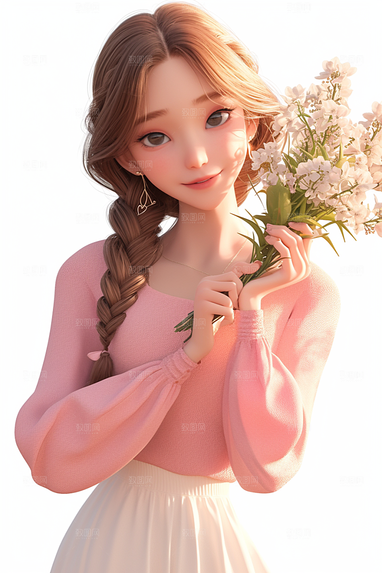 手捧鲜花的少女花朵飞舞的裙摆素材
