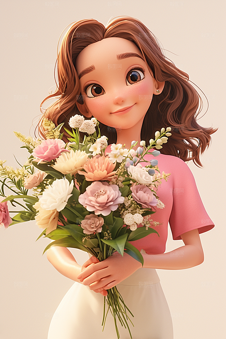 手捧鲜花的少女3D唯美素材