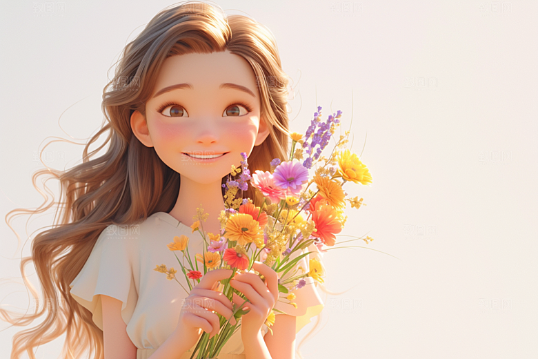 手捧鲜花的少女花朵肖像素材