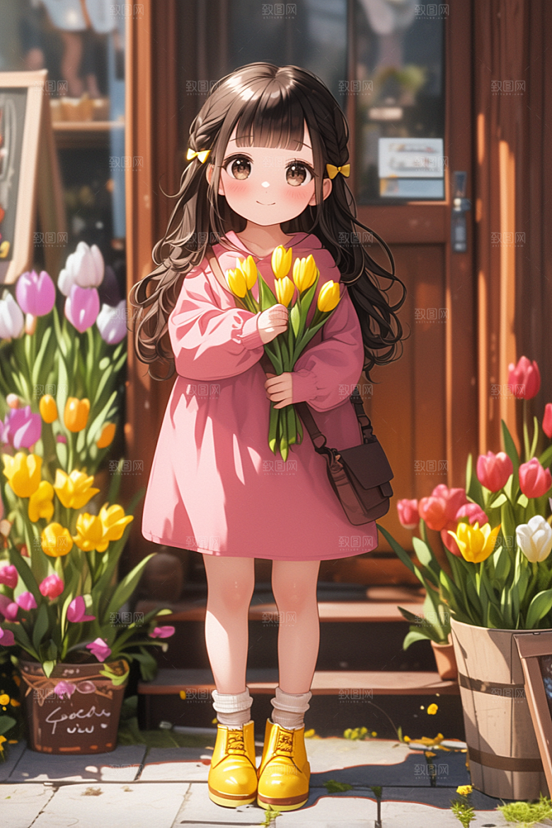 手捧鲜花的少女青春模型素材