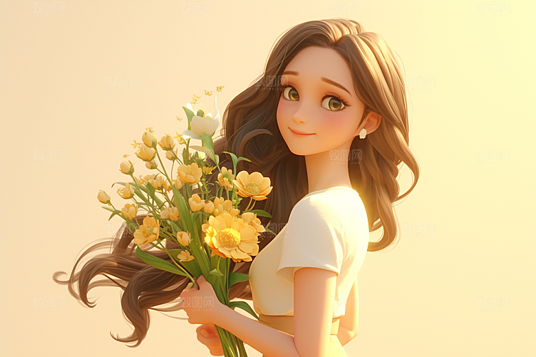 手捧鲜花的少女春天肖像素材