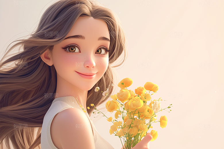 手捧鲜花的少女人物青春素材