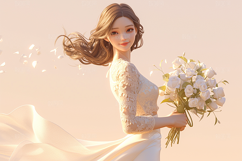 手捧鲜花的少女青春模型素材