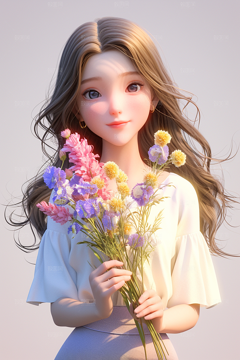 手捧鲜花的少女人物清新素材