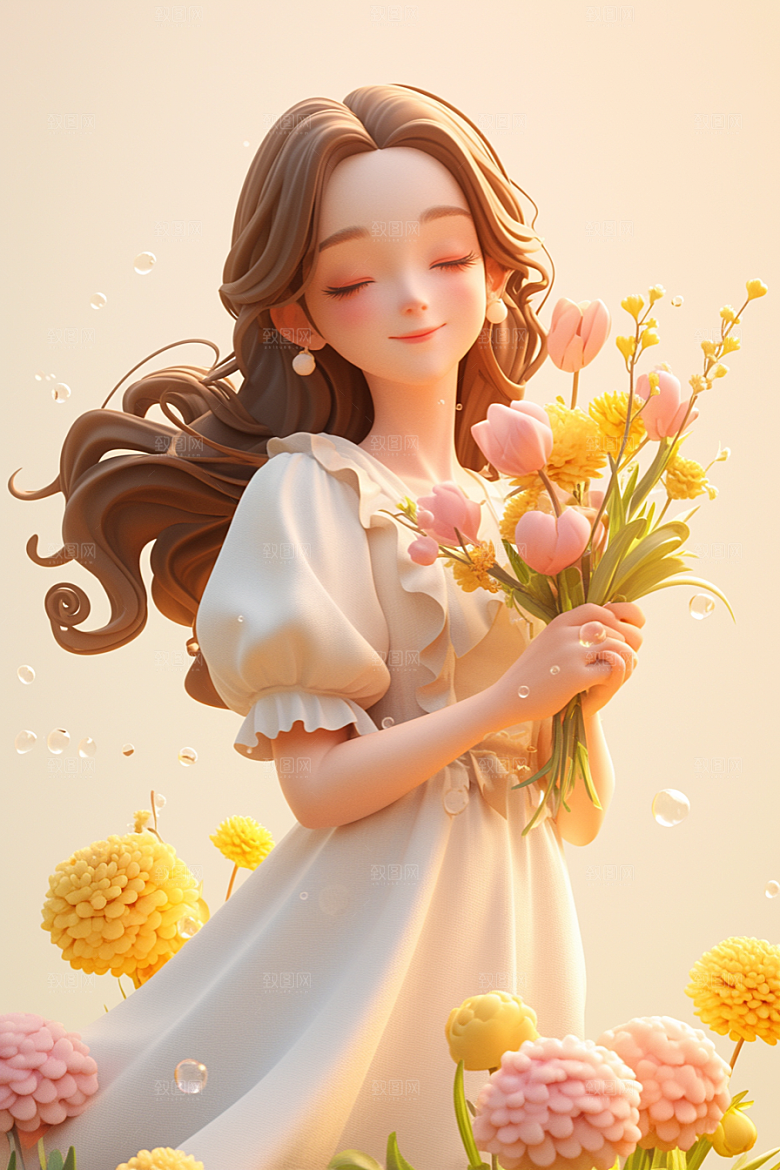 手捧鲜花的少女人物自然素材