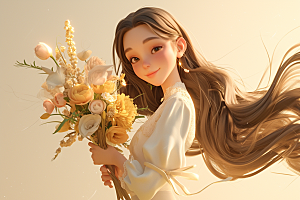 手捧鲜花的少女模型3D素材