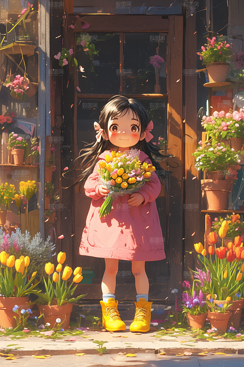 手捧鲜花的少女清新梦幻素材