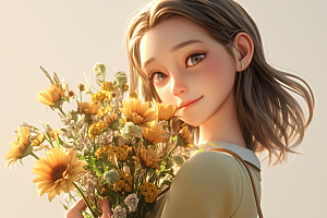 手捧鲜花的少女模型肖像素材
