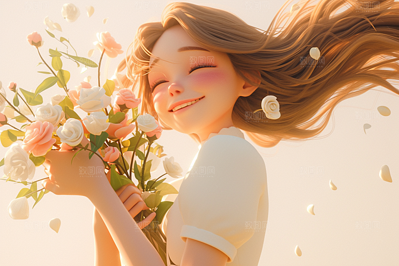 手捧鲜花的少女自然立体素材