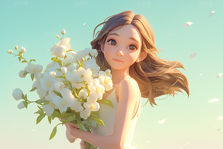 手捧鲜花的少女春天烂漫素材