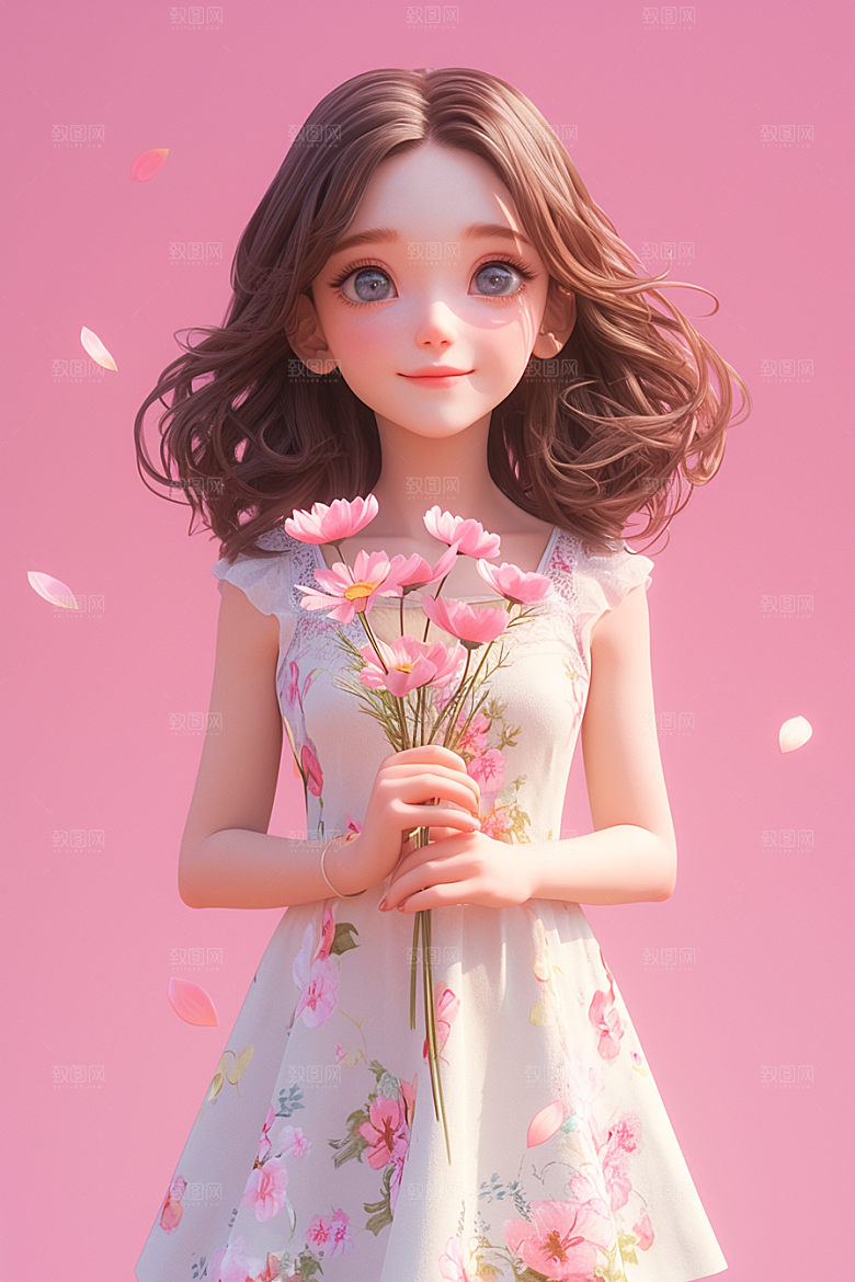 手捧鲜花的少女唯美梦幻素材