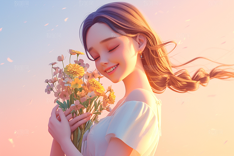 手捧鲜花的少女春天立体素材