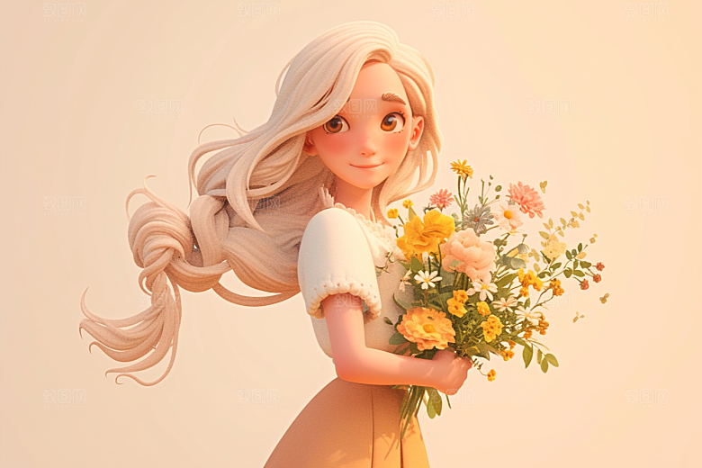 手捧鲜花的少女立体唯美素材