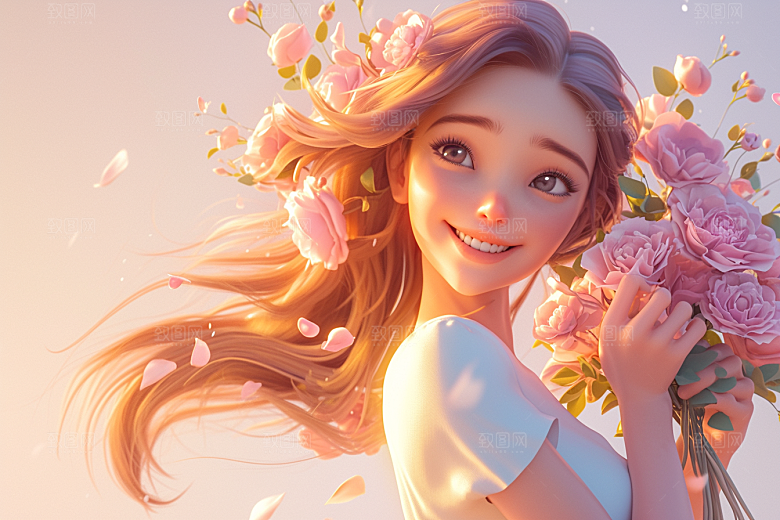 手捧鲜花的少女肖像花朵素材