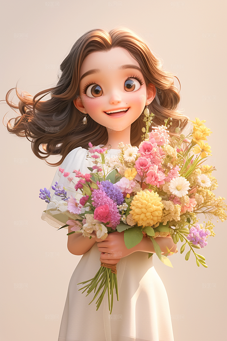 手捧鲜花的少女飞舞的裙摆3D素材
