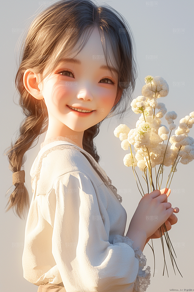 手捧鲜花的少女立体烂漫素材