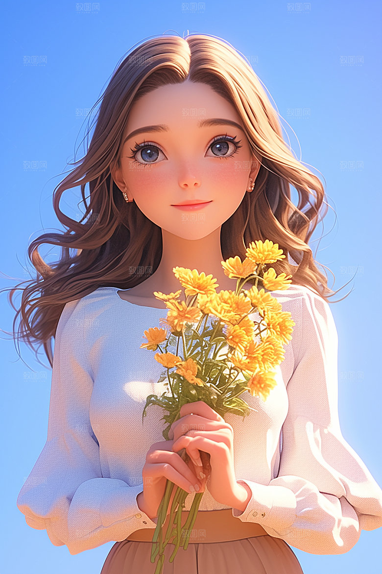 手捧鲜花的少女模型花朵素材