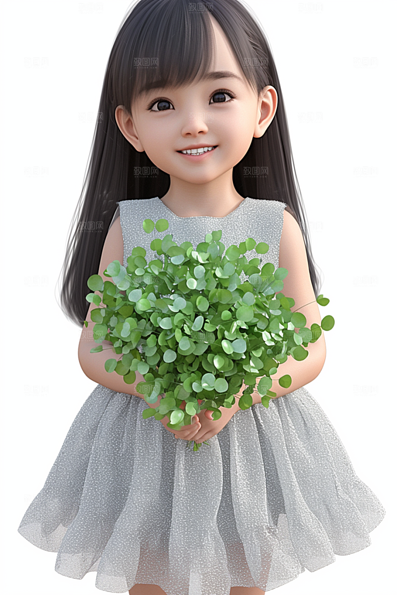 手捧鲜花的少女飞舞的裙摆肖像素材