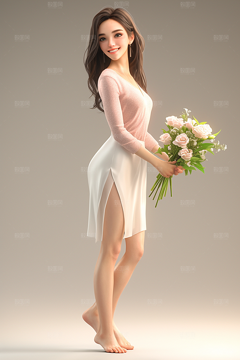手捧鲜花的少女自然模型素材