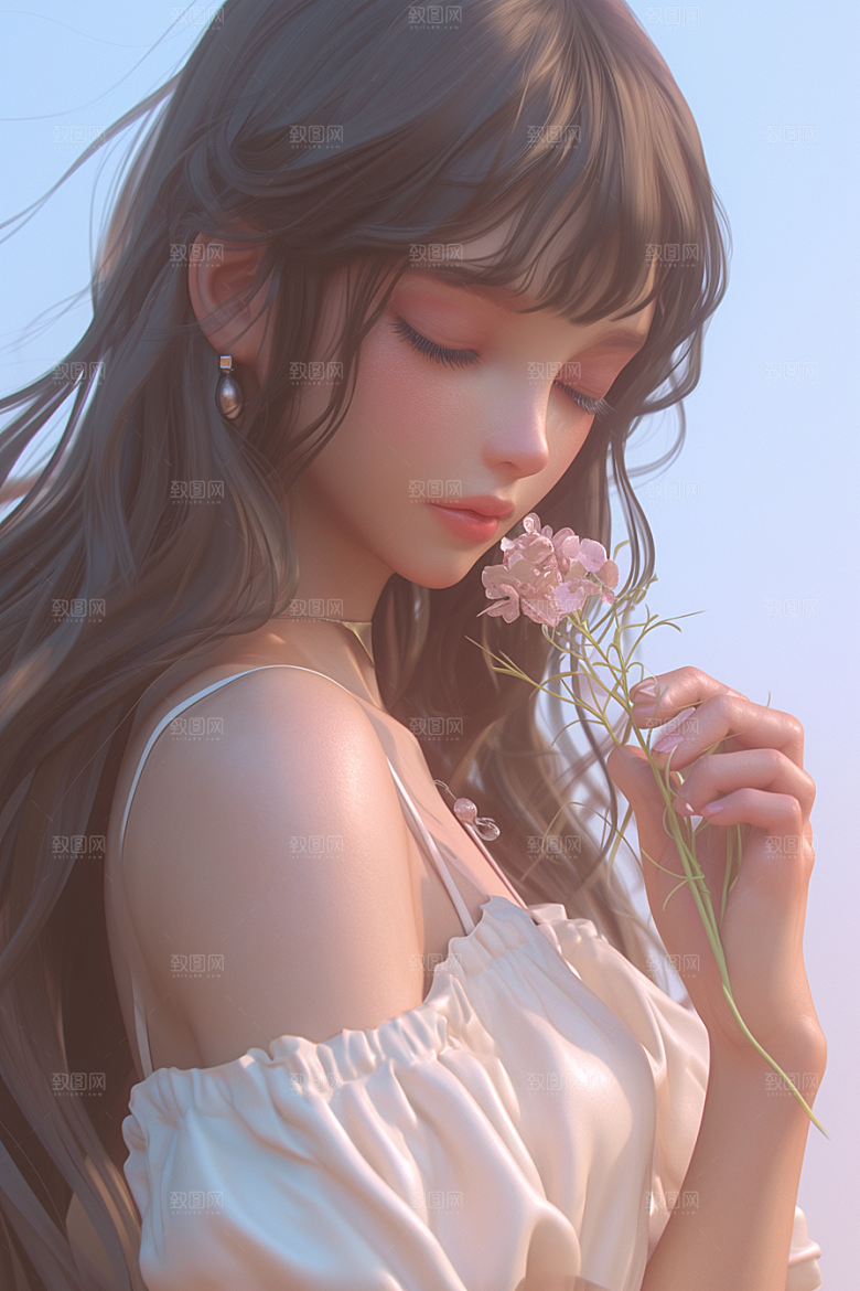 手捧鲜花的少女春天人物素材