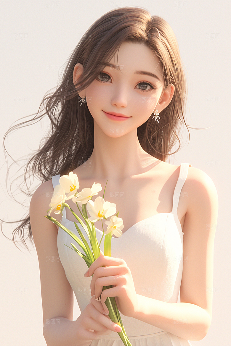 手捧鲜花的少女模型飞舞的裙摆素材