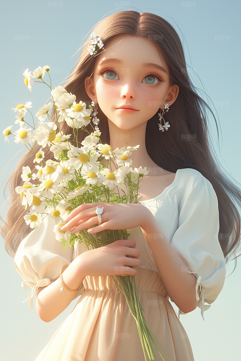 手捧鲜花的少女花朵清新素材