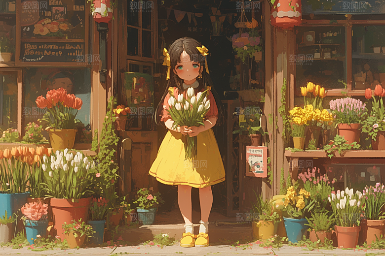 手捧鲜花的少女烂漫3D素材