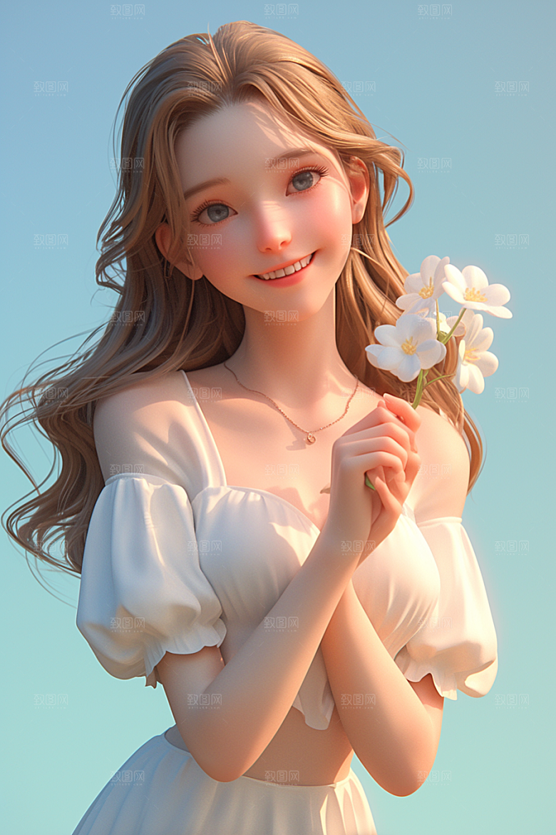 手捧鲜花的少女青春烂漫素材