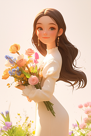 手捧鲜花的少女自然青春素材