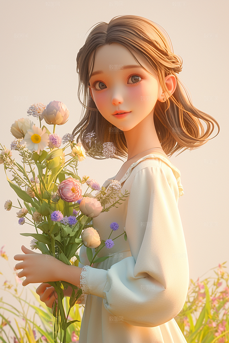 手捧鲜花的少女飞舞的裙摆梦幻素材