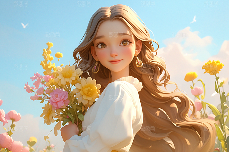 手捧鲜花的少女立体肖像素材