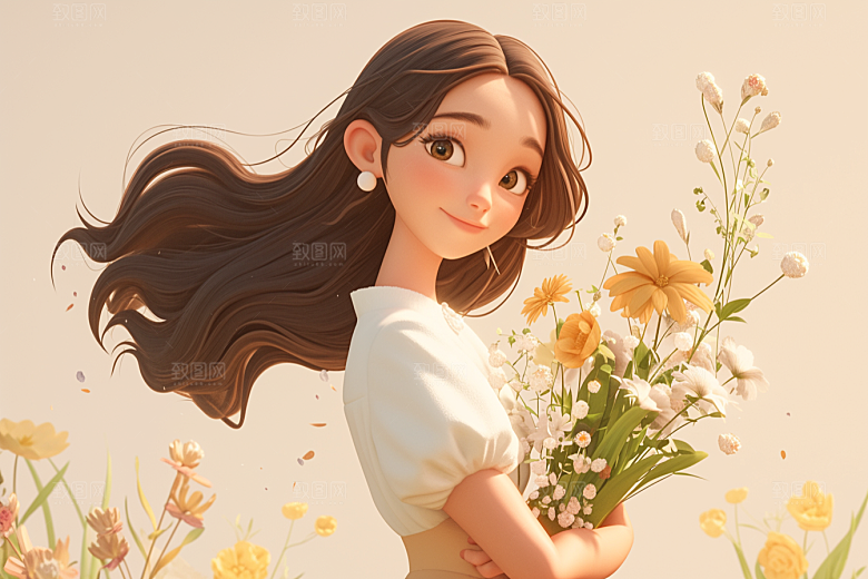 手捧鲜花的少女春天唯美素材