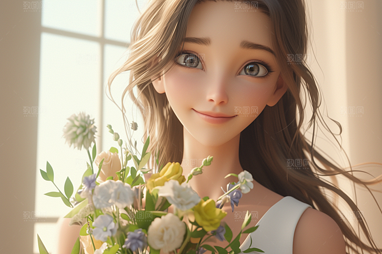 手捧鲜花的少女自然梦幻素材