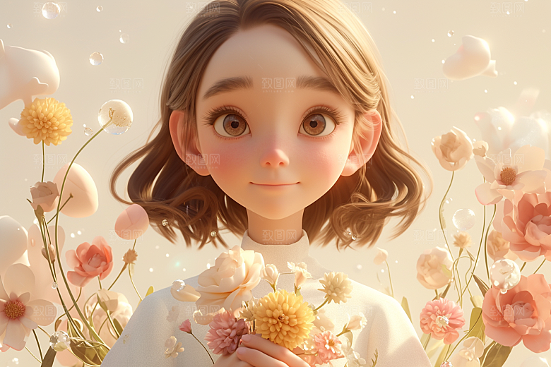 手捧鲜花的少女人物花朵素材