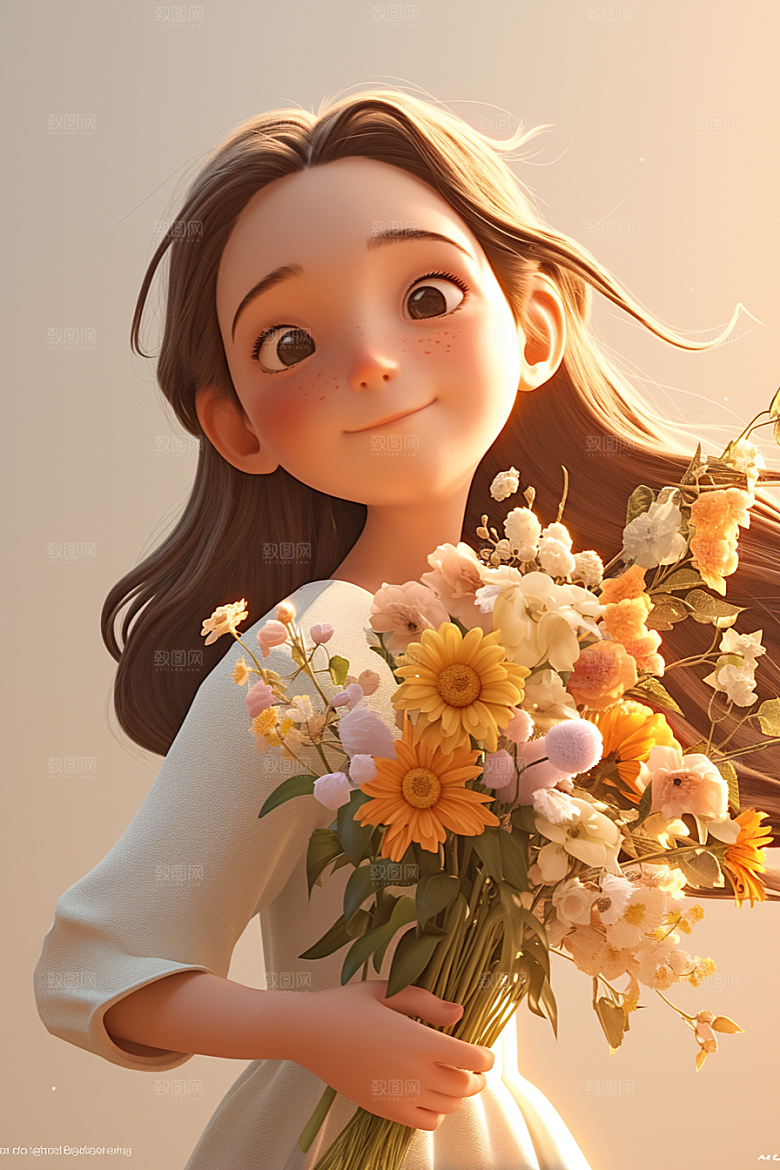 手捧鲜花的少女梦幻唯美素材