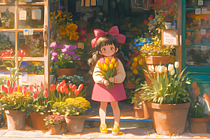 手捧鲜花的少女梦幻花朵素材