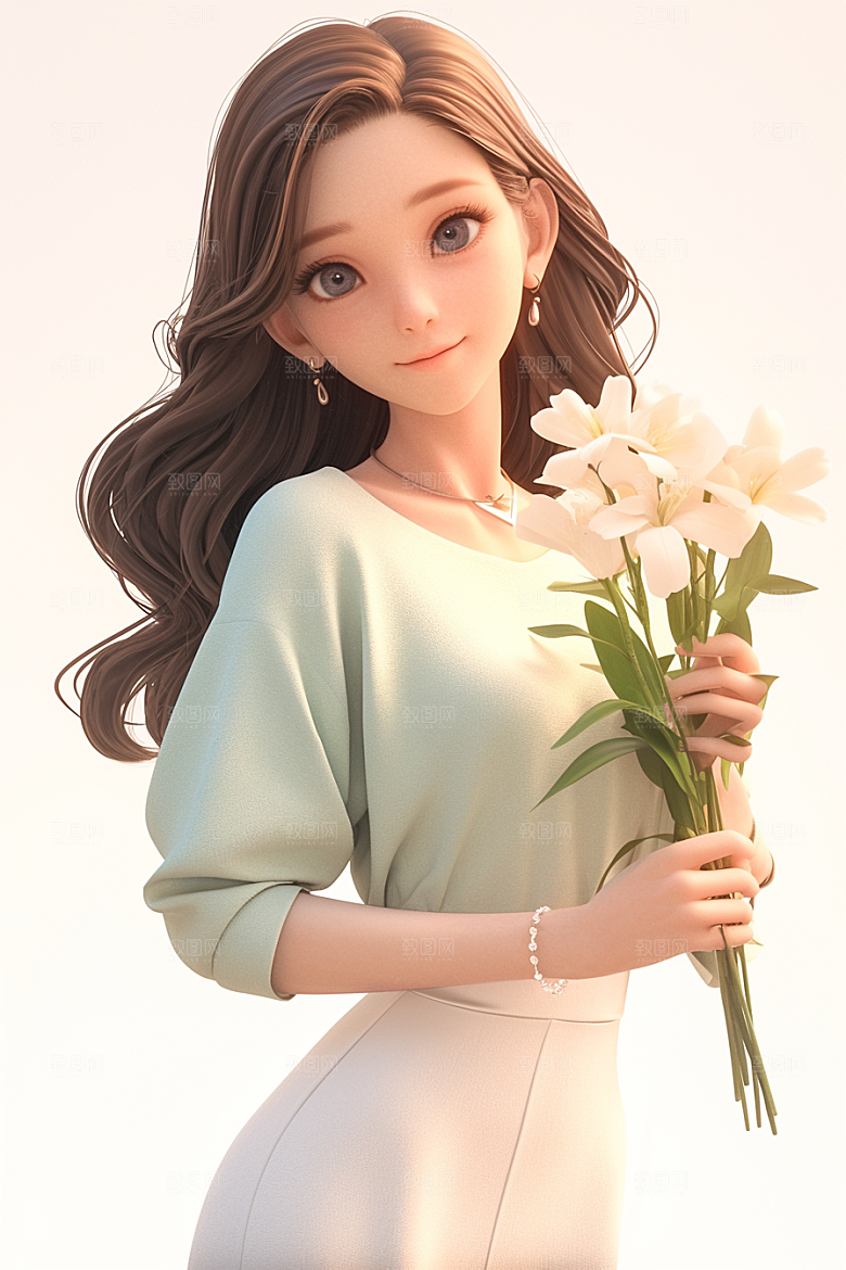 手捧鲜花的少女青春肖像素材