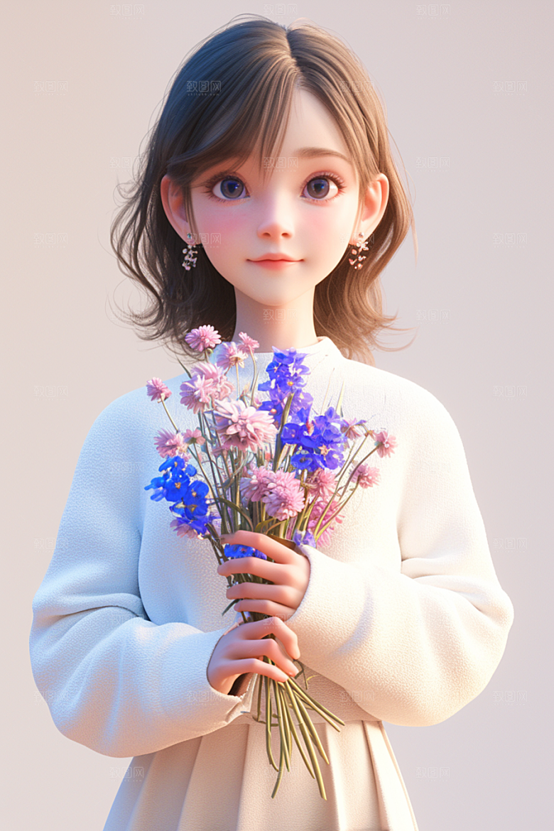 手捧鲜花的少女花朵梦幻素材