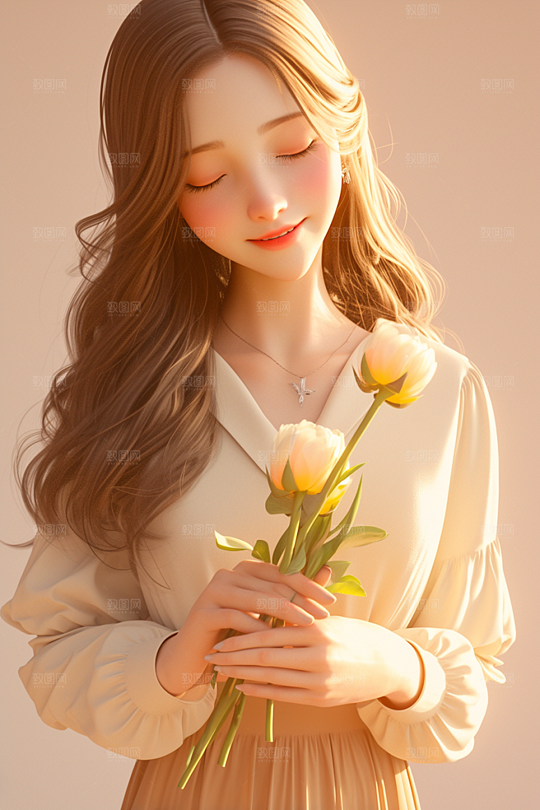 手捧鲜花的少女自然肖像素材