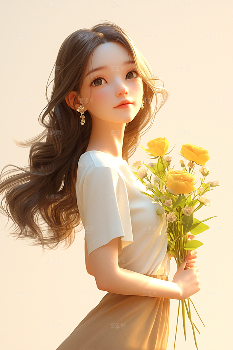 手捧鲜花的少女春天模型素材