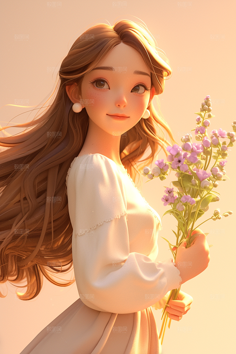 手捧鲜花的少女人物梦幻素材