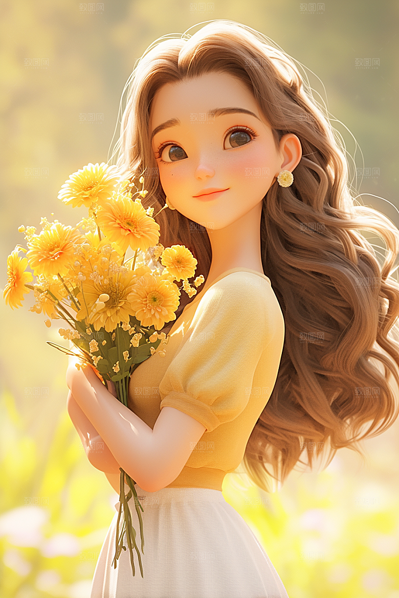 手捧鲜花的少女人物青春素材